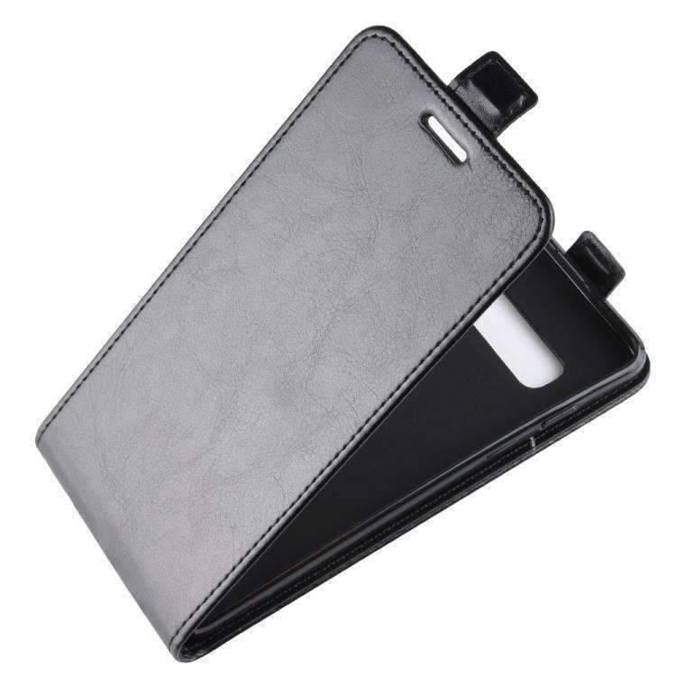 AMZER Vertical Flip Leather Wallet Case for Samsung Galaxy S10+, featuring a sleek black design with card slots and velcro closure.