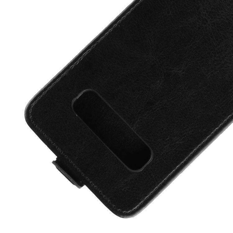 AMZER Vertical Flip Leather Wallet Case for Samsung Galaxy S10+, featuring a sleek black design with card slots and velcro closure.