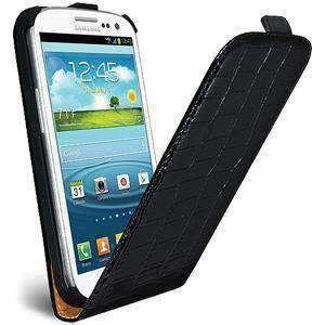 AMZER Vertical Leather Flip Case for Samsung Galaxy S III in black crocodile texture, showcasing its stylish design and magnetic closure.