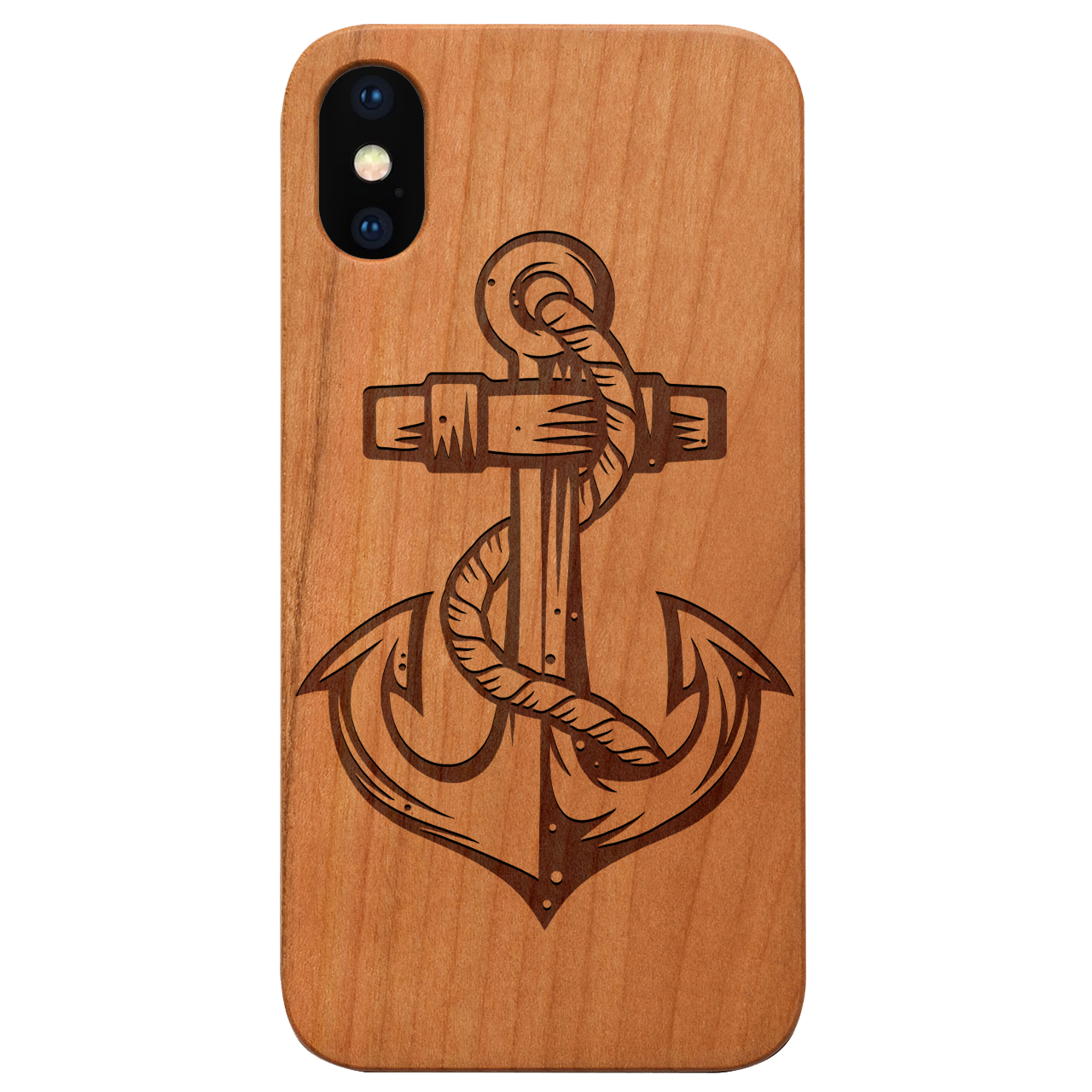 Anchor 1 - Engraved wooden phone case showcasing unique laser-engraved design and natural wood finish.