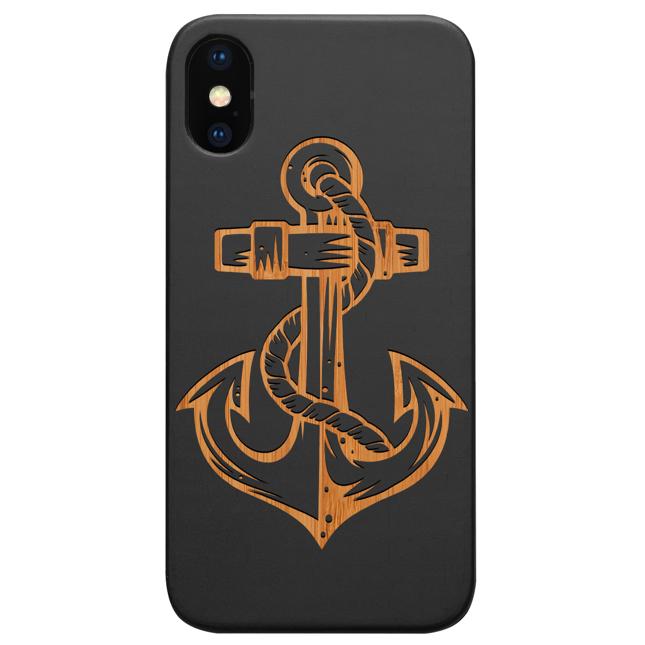 Anchor 1 - Engraved wooden phone case showcasing unique laser-engraved design and natural wood finish.