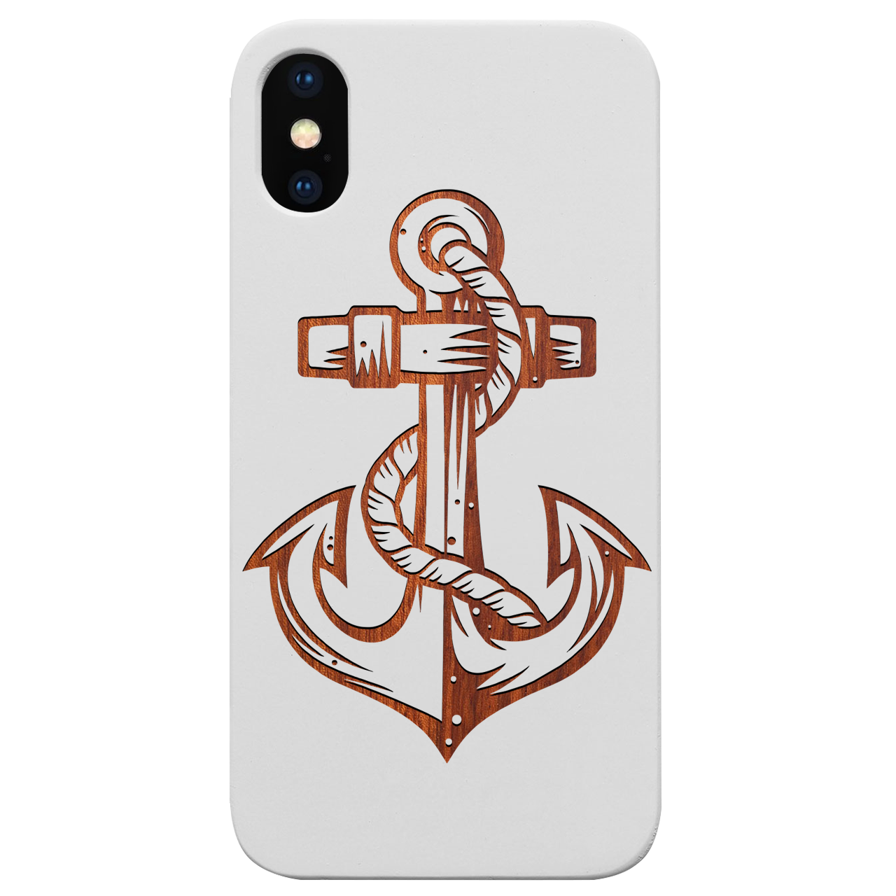 Anchor 1 - Engraved wooden phone case showcasing unique laser-engraved design and natural wood finish.