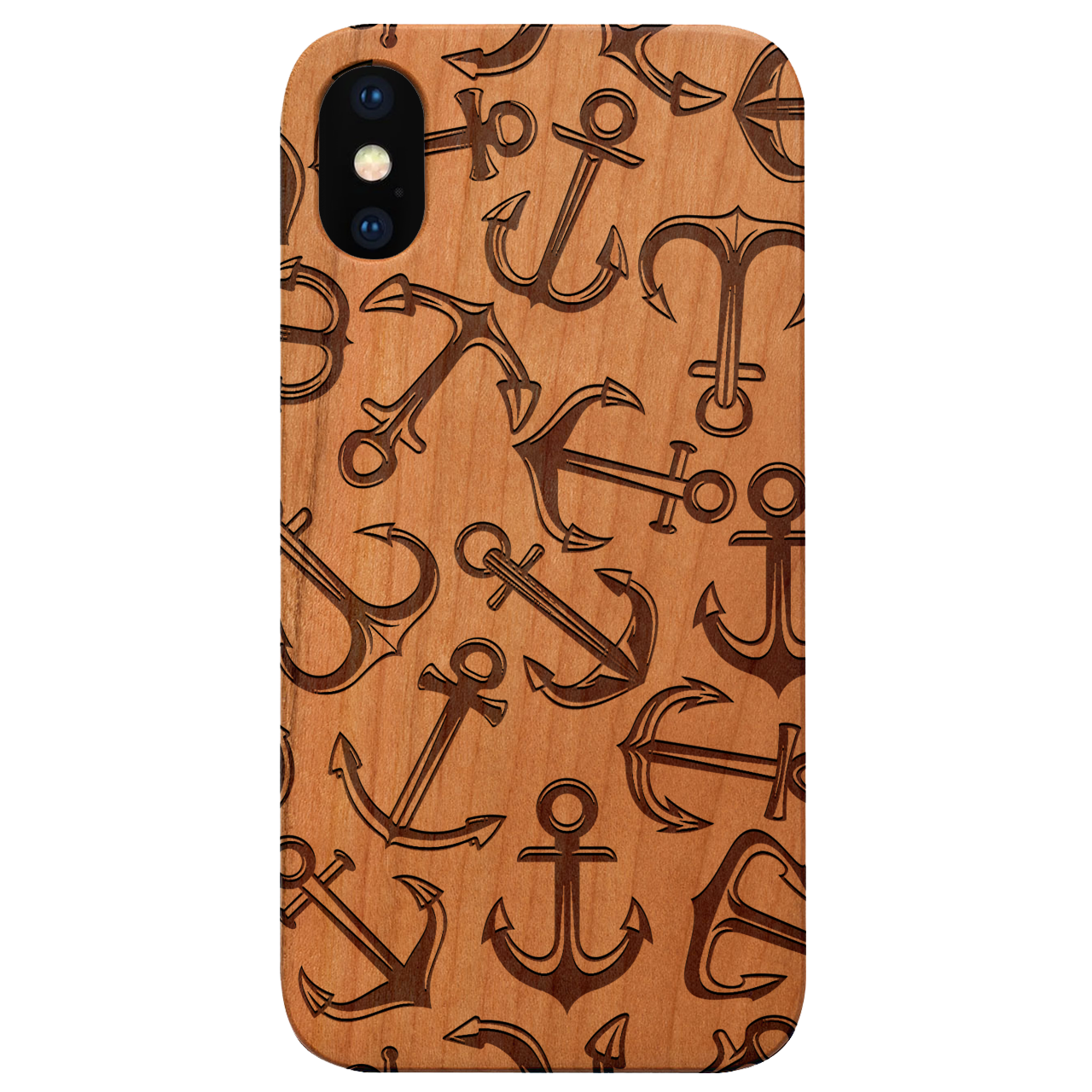 Engraved wooden phone case featuring anchor design, showcasing natural wood grain and durable construction.