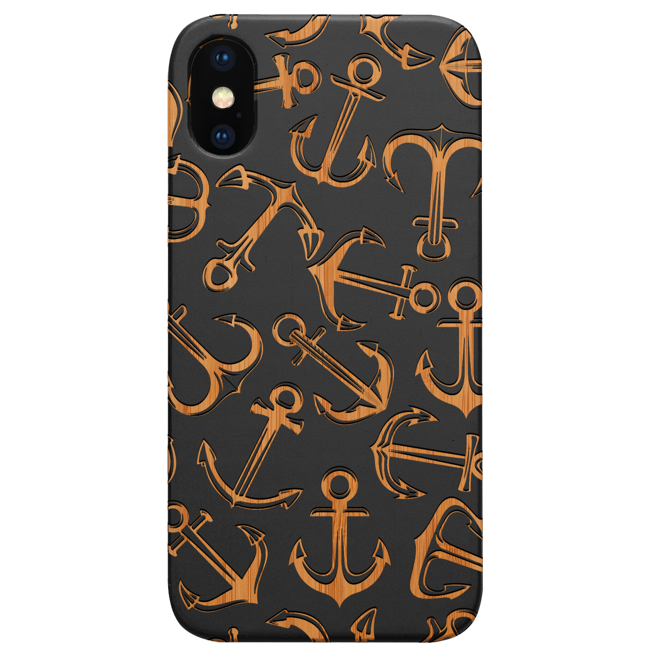 Engraved wooden phone case featuring anchor design, showcasing natural wood grain and durable construction.