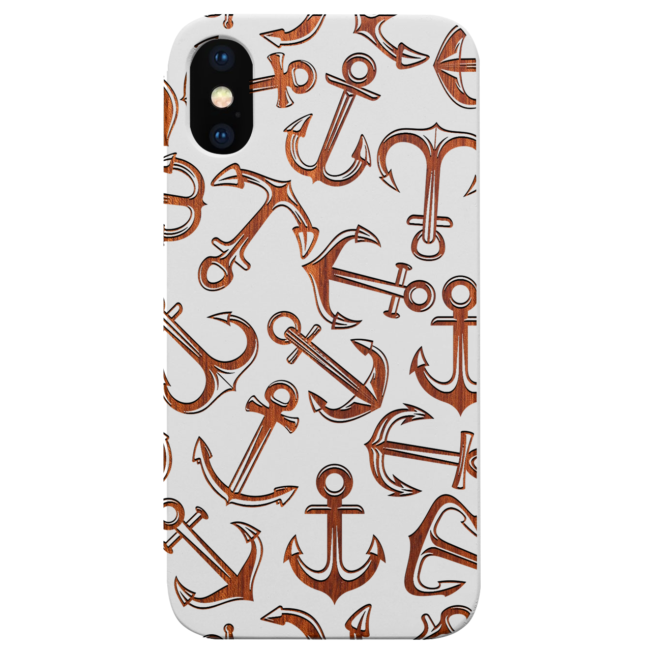 Engraved wooden phone case featuring anchor design, showcasing natural wood grain and durable construction.