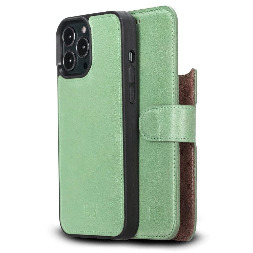 Colorful detachable leather wallet case for Apple iPhone 13 Pro Max, featuring card slots and a kick-stand.