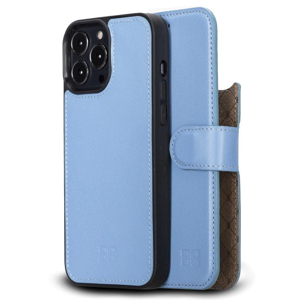 Colorful detachable leather wallet case for Apple iPhone 13 Pro Max, featuring card slots and a kick-stand.