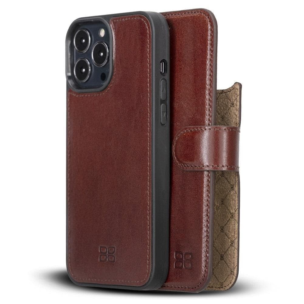 Colorful detachable leather wallet case for Apple iPhone 13 Pro Max, featuring card slots and a kick-stand.