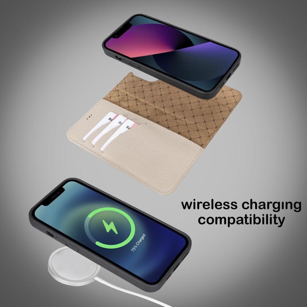 Colorful detachable leather wallet case for Apple iPhone 13 Pro Max, featuring card slots and a kick-stand.