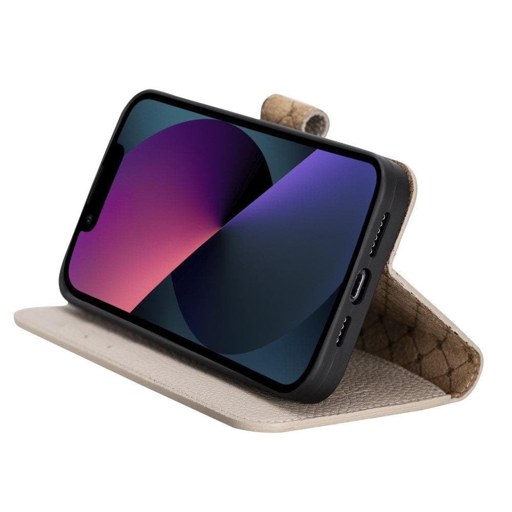 Colorful detachable leather wallet case for Apple iPhone 13 Pro Max, featuring card slots and a kick-stand.