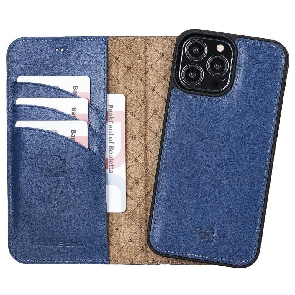 Colorful detachable leather wallet case for Apple iPhone 13 Pro Max, featuring card slots and a kick-stand.