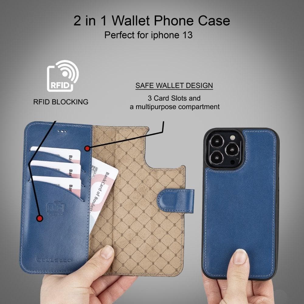Colorful detachable leather wallet case for Apple iPhone 13 Pro Max, featuring card slots and a kick-stand.