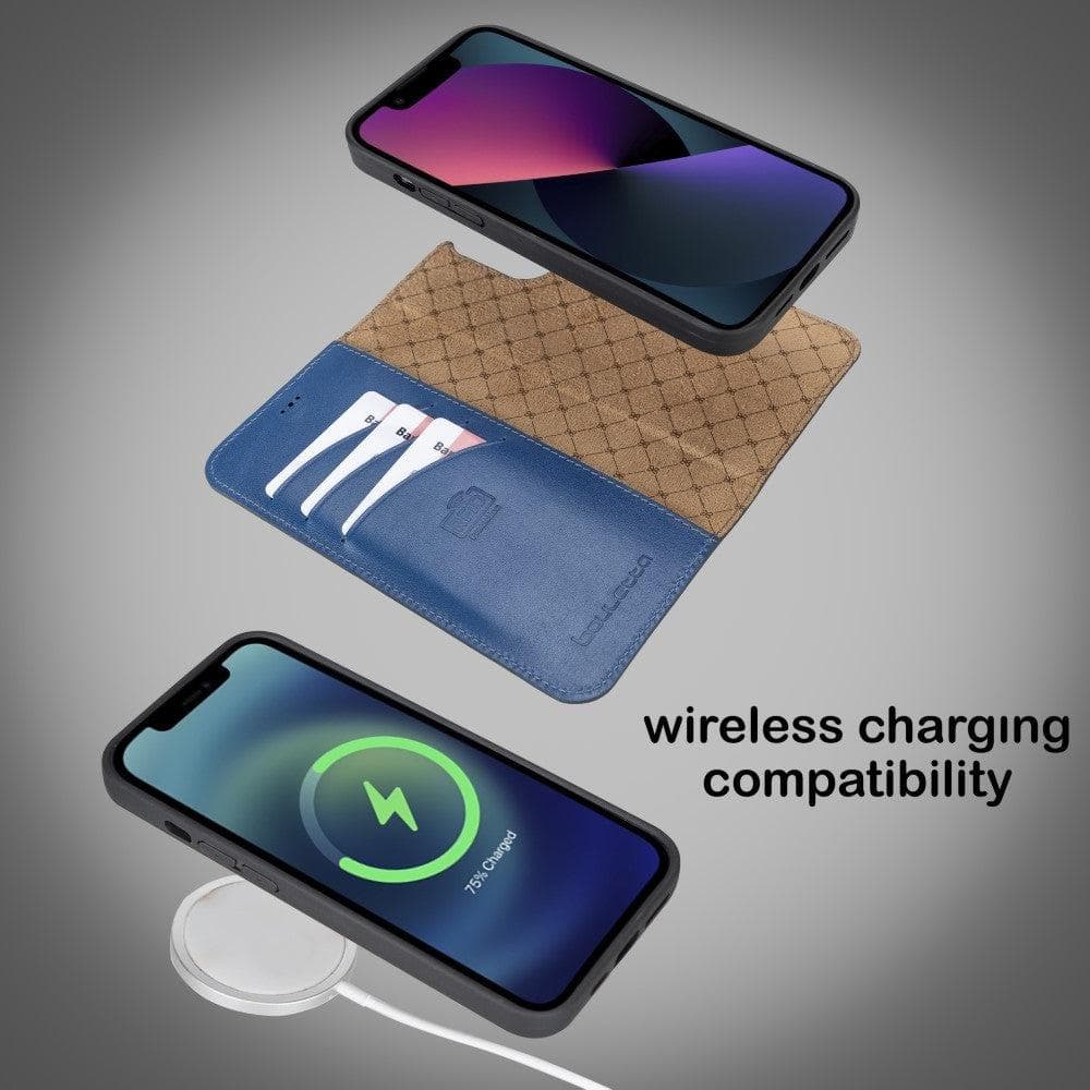 Colorful detachable leather wallet case for Apple iPhone 13 Pro Max, featuring card slots and a kick-stand.