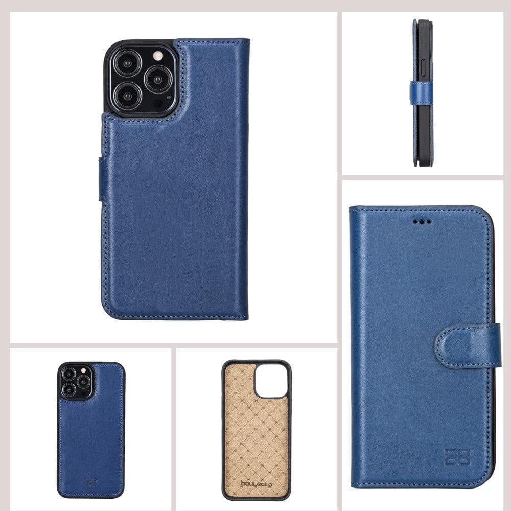 Colorful detachable leather wallet case for Apple iPhone 13 Pro Max, featuring card slots and a kick-stand.