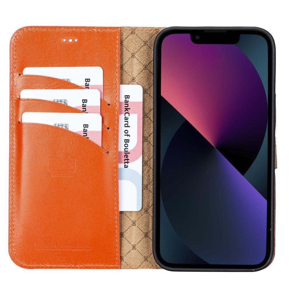 Colorful detachable leather wallet case for Apple iPhone 13 Pro Max, featuring card slots and a kick-stand.