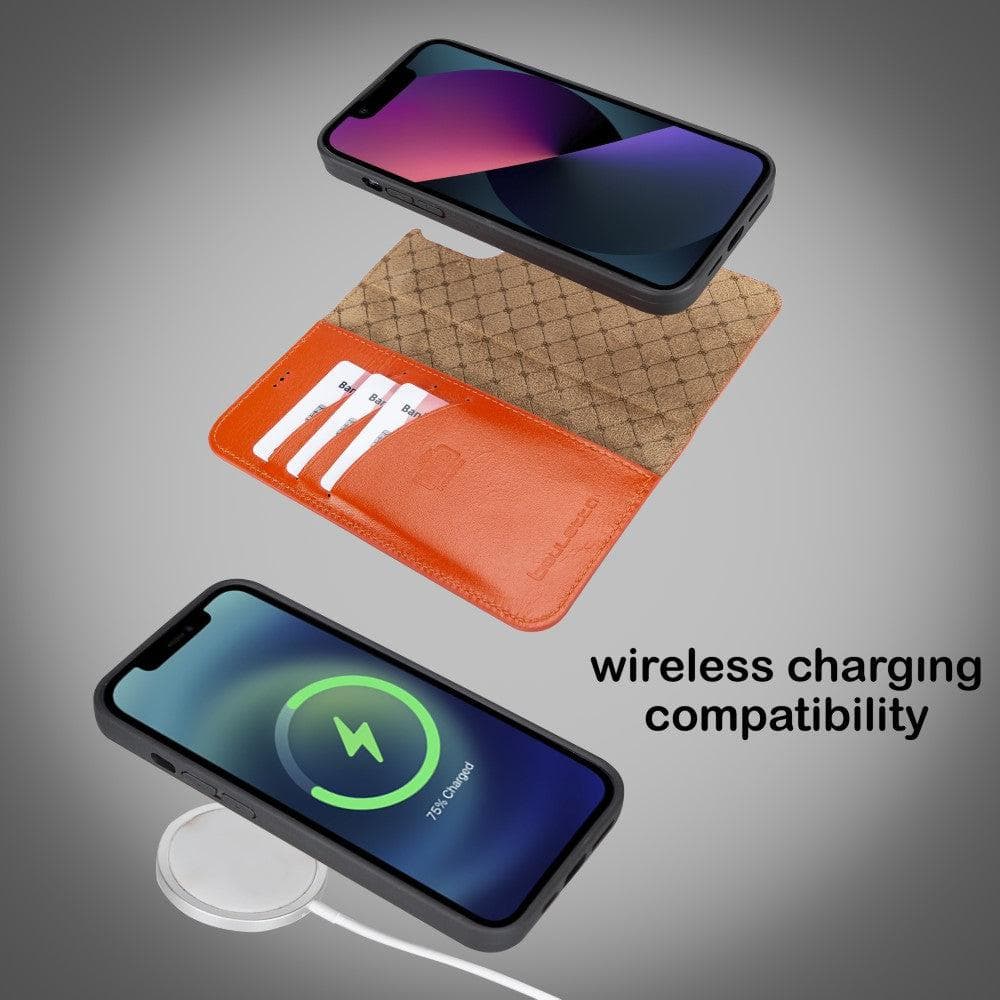 Colorful detachable leather wallet case for Apple iPhone 13 Pro Max, featuring card slots and a kick-stand.