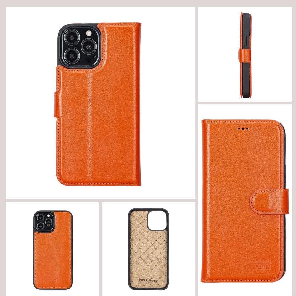 Colorful detachable leather wallet case for Apple iPhone 13 Pro Max, featuring card slots and a kick-stand.