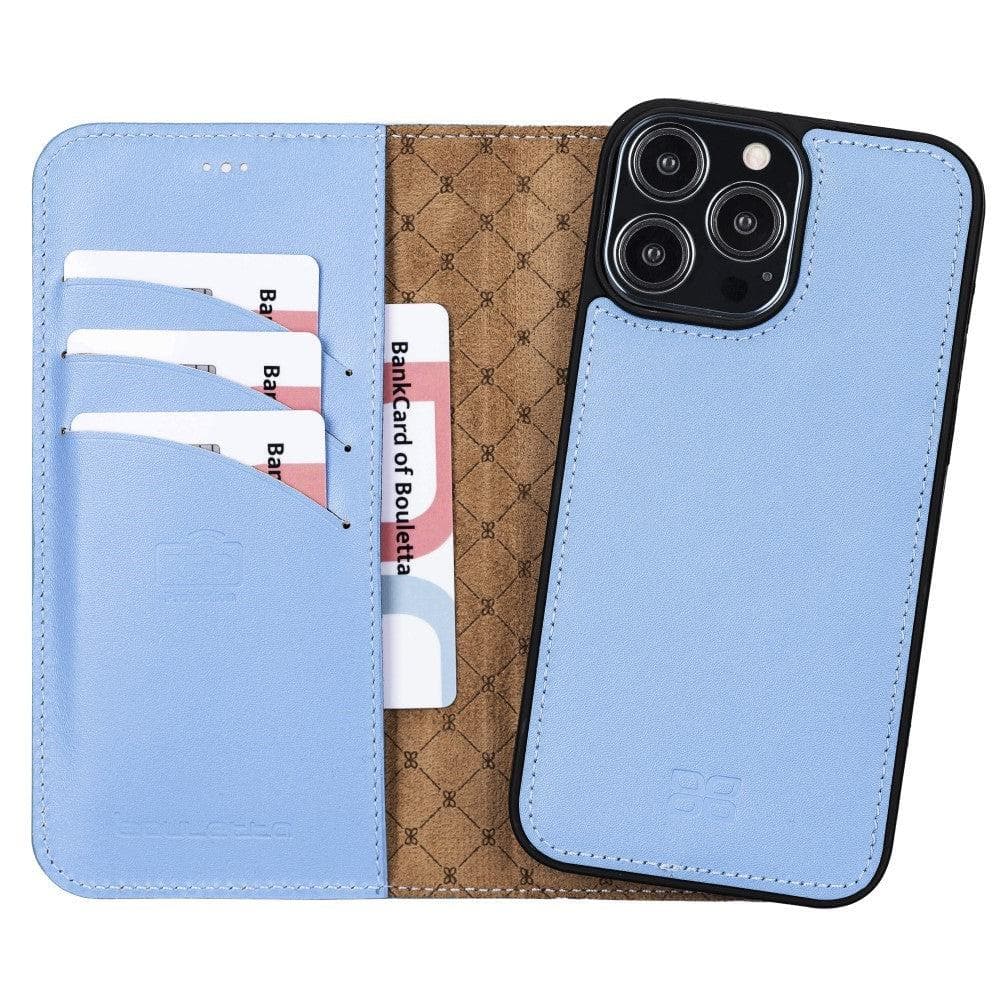 Colorful detachable leather wallet case for Apple iPhone 13 Pro Max, featuring card slots and a kick-stand.