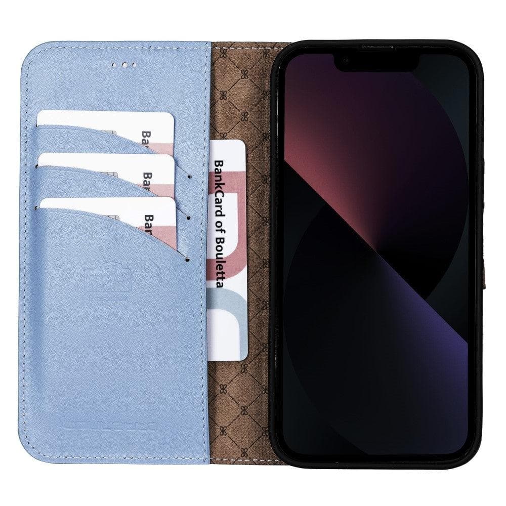 Colorful detachable leather wallet case for Apple iPhone 13 Pro Max, featuring card slots and a kick-stand.