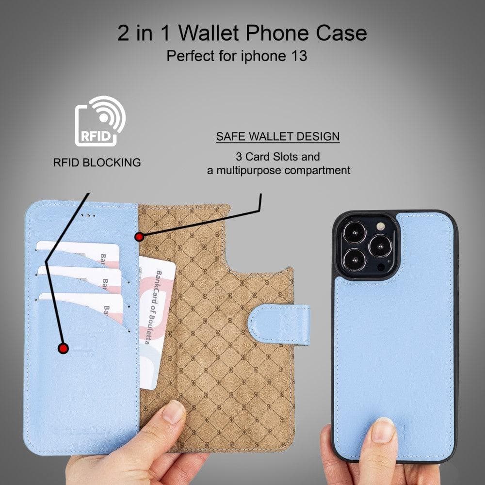 Colorful detachable leather wallet case for Apple iPhone 13 Pro Max, featuring card slots and a kick-stand.