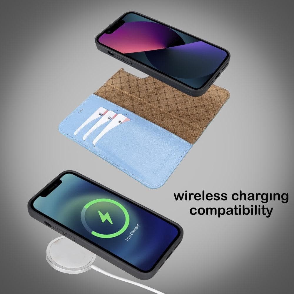 Colorful detachable leather wallet case for Apple iPhone 13 Pro Max, featuring card slots and a kick-stand.