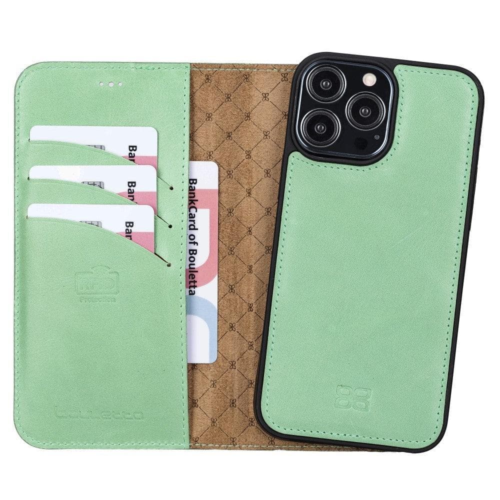 Colorful detachable leather wallet case for Apple iPhone 13 Pro Max, featuring card slots and a kick-stand.