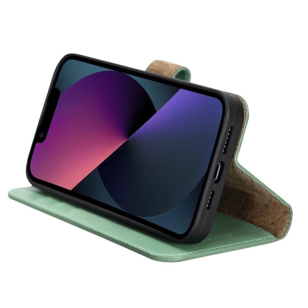 Colorful detachable leather wallet case for Apple iPhone 13 Pro Max, featuring card slots and a kick-stand.