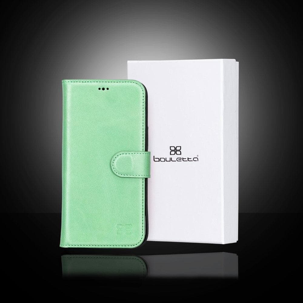 Colorful detachable leather wallet case for Apple iPhone 13 Pro Max, featuring card slots and a kick-stand.