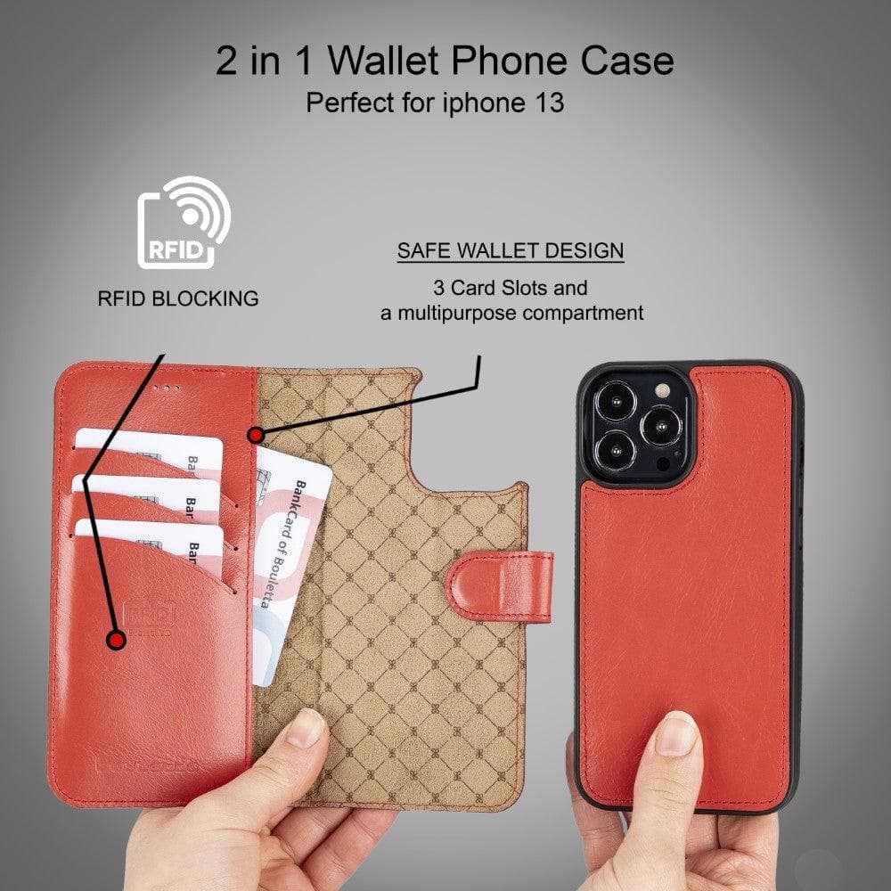Colorful detachable leather wallet case for Apple iPhone 13 Pro Max, featuring card slots and a kick-stand.