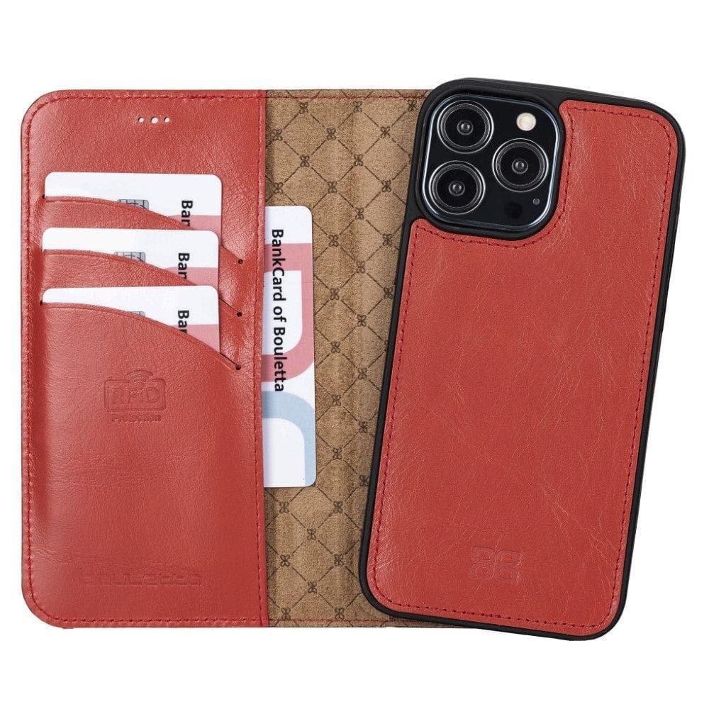 Colorful detachable leather wallet case for Apple iPhone 13 Pro Max, featuring card slots and a kick-stand.