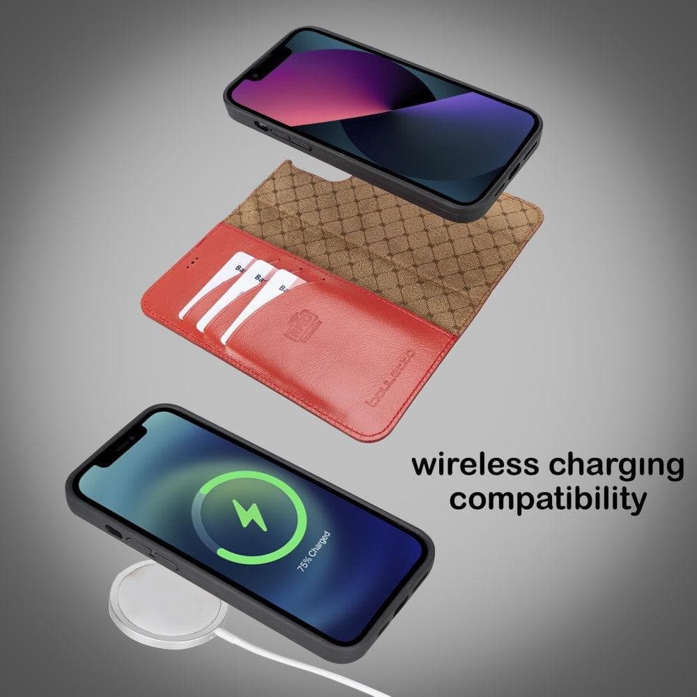 Colorful detachable leather wallet case for Apple iPhone 13 Pro Max, featuring card slots and a kick-stand.