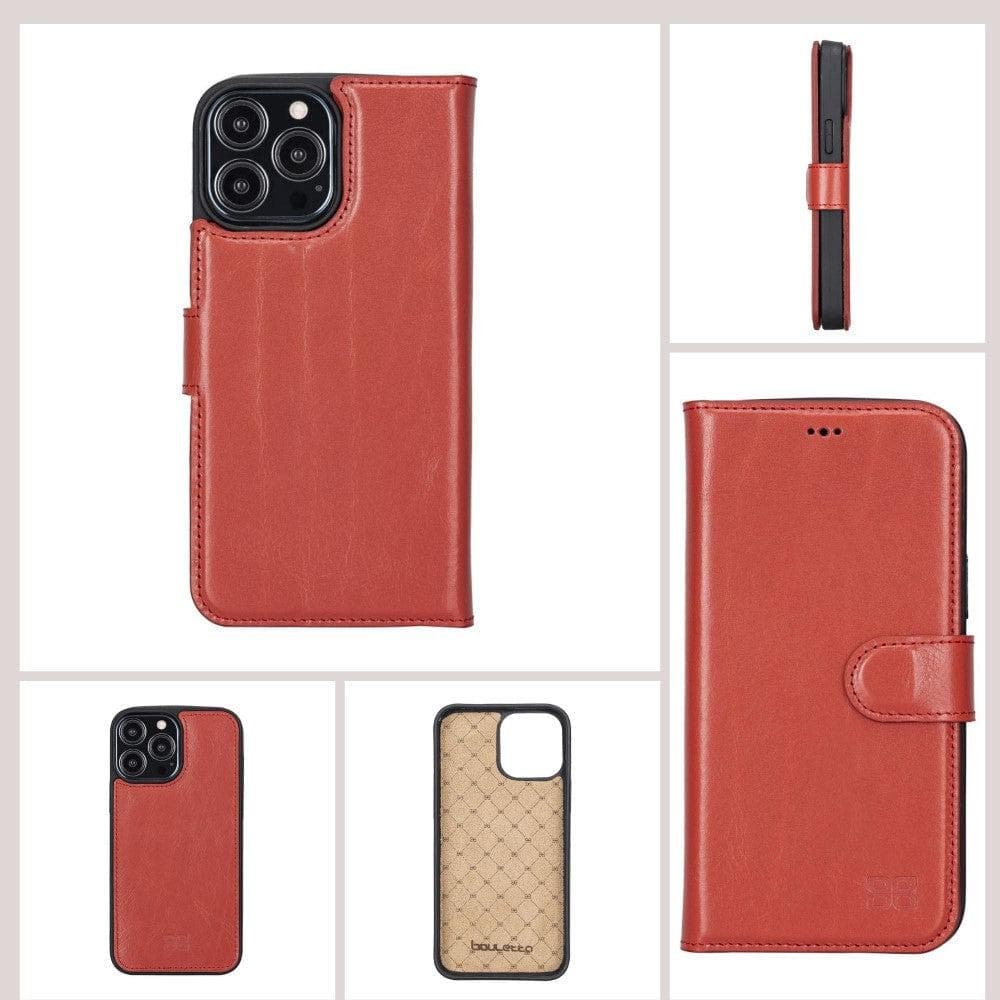 Colorful detachable leather wallet case for Apple iPhone 13 Pro Max, featuring card slots and a kick-stand.