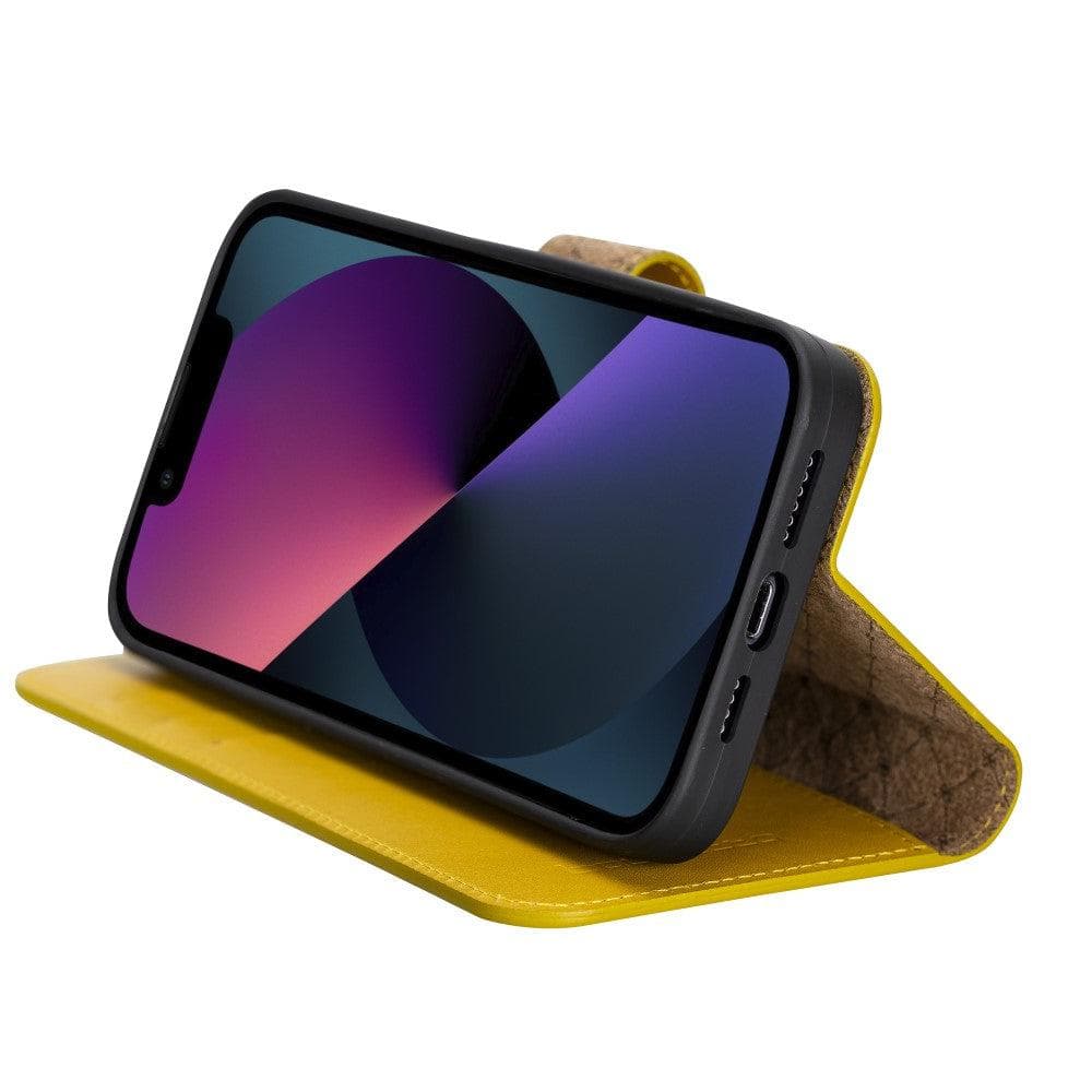 Colorful detachable leather wallet case for Apple iPhone 13 Pro Max, featuring card slots and a kick-stand.