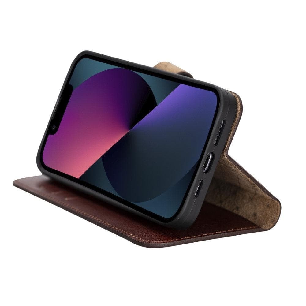 Colorful detachable leather wallet case for Apple iPhone 13 Pro Max, featuring card slots and a kick-stand.