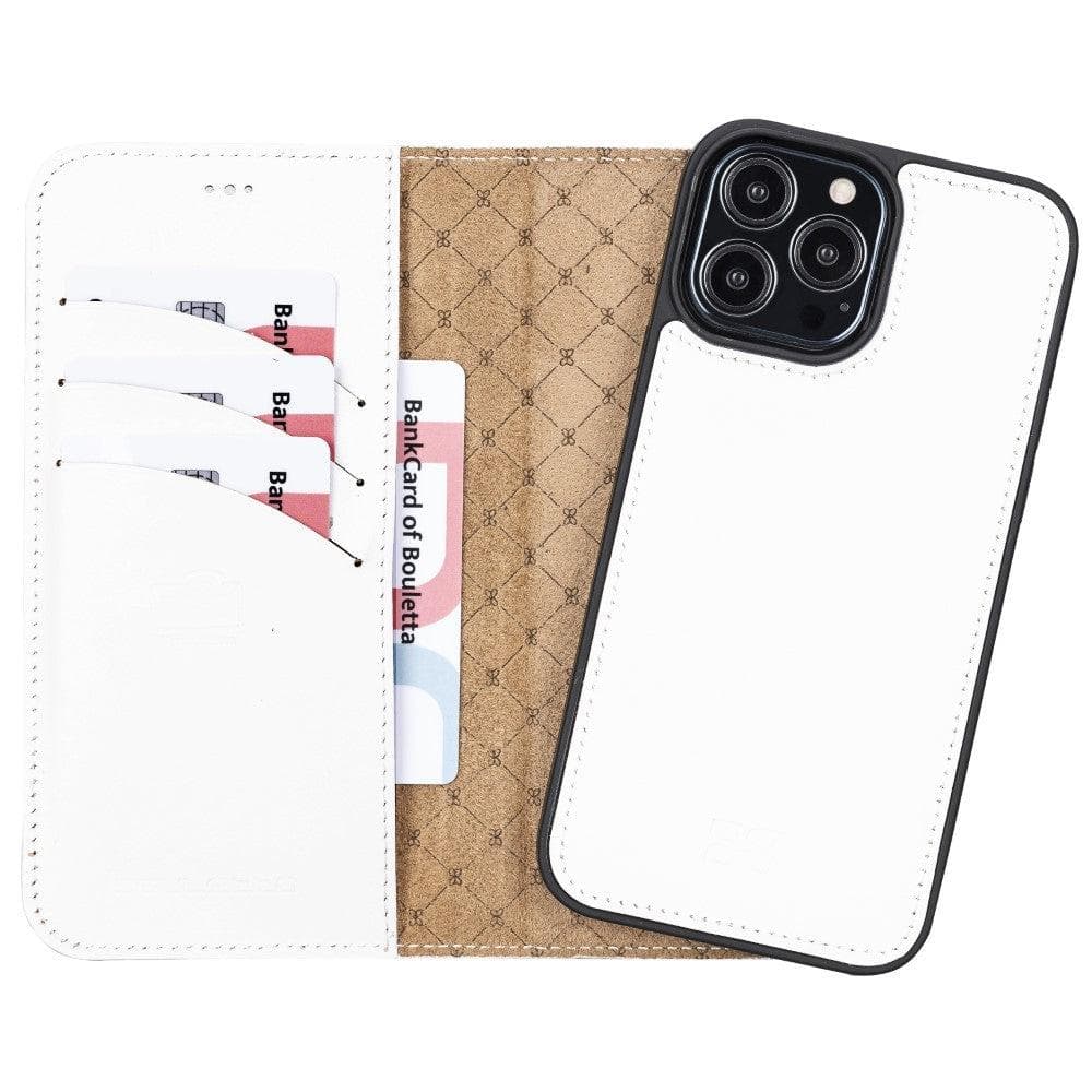 Colorful detachable leather wallet case for Apple iPhone 13 Pro Max, featuring card slots and a kick-stand.