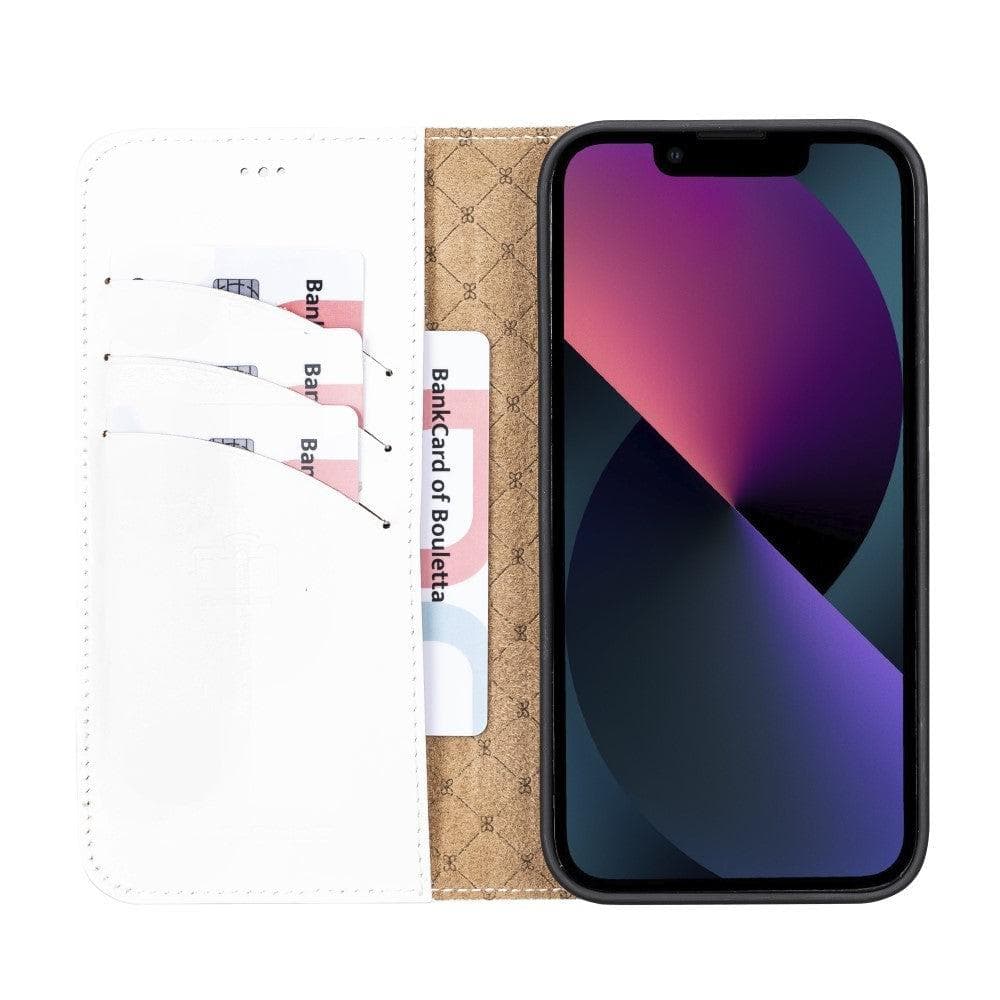 Colorful detachable leather wallet case for Apple iPhone 13 Pro Max, featuring card slots and a kick-stand.