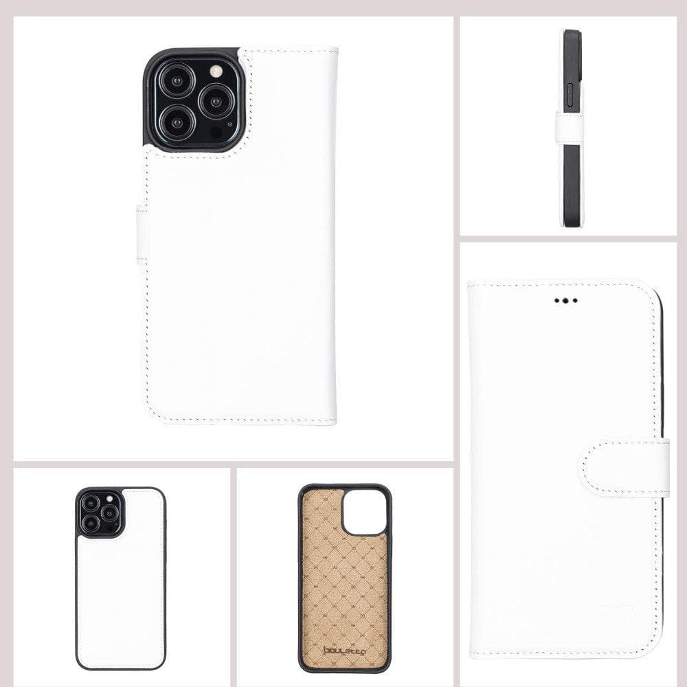 Colorful detachable leather wallet case for Apple iPhone 13 Pro Max, featuring card slots and a kick-stand.