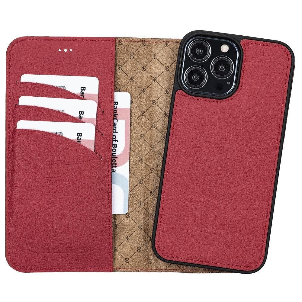 Colorful detachable leather wallet case for Apple iPhone 13 Pro Max, featuring card slots and a kick-stand.