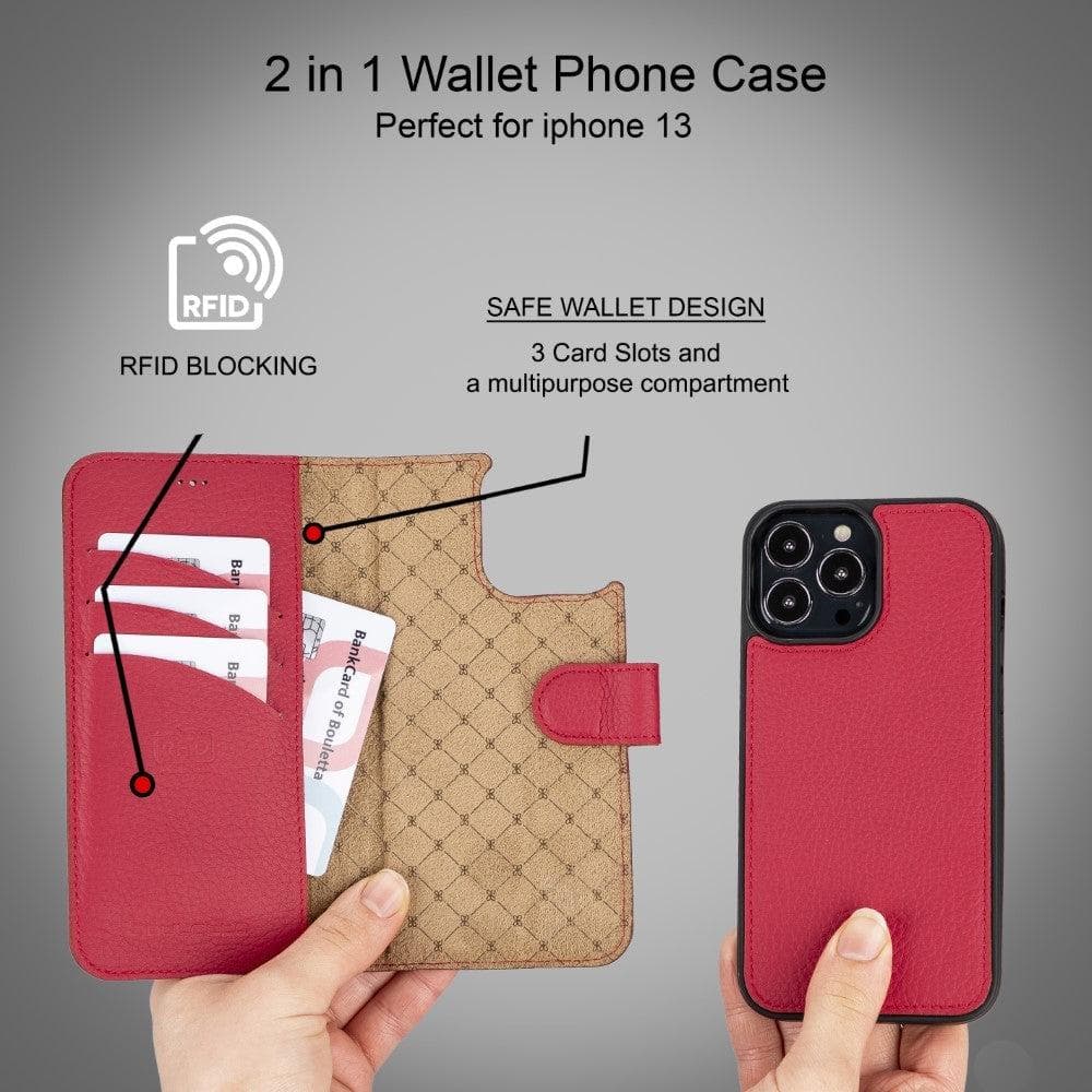 Colorful detachable leather wallet case for Apple iPhone 13 Pro Max, featuring card slots and a kick-stand.