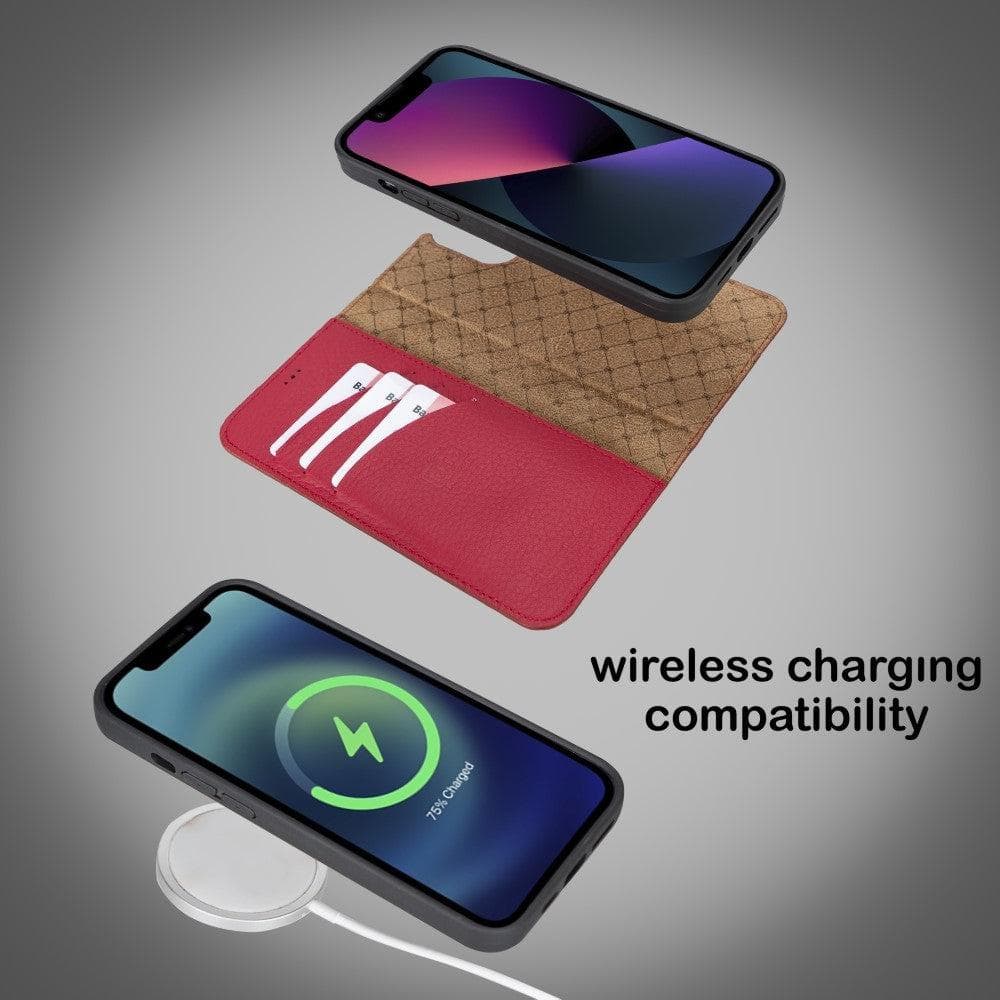 Colorful detachable leather wallet case for Apple iPhone 13 Pro Max, featuring card slots and a kick-stand.