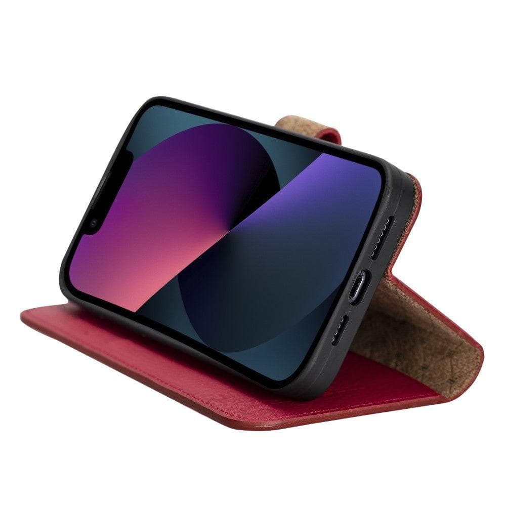 Colorful detachable leather wallet case for Apple iPhone 13 Pro Max, featuring card slots and a kick-stand.