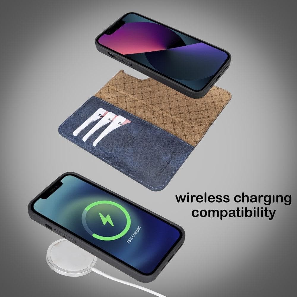 Colorful detachable leather wallet case for Apple iPhone 13 Pro Max, featuring card slots and a kick-stand.