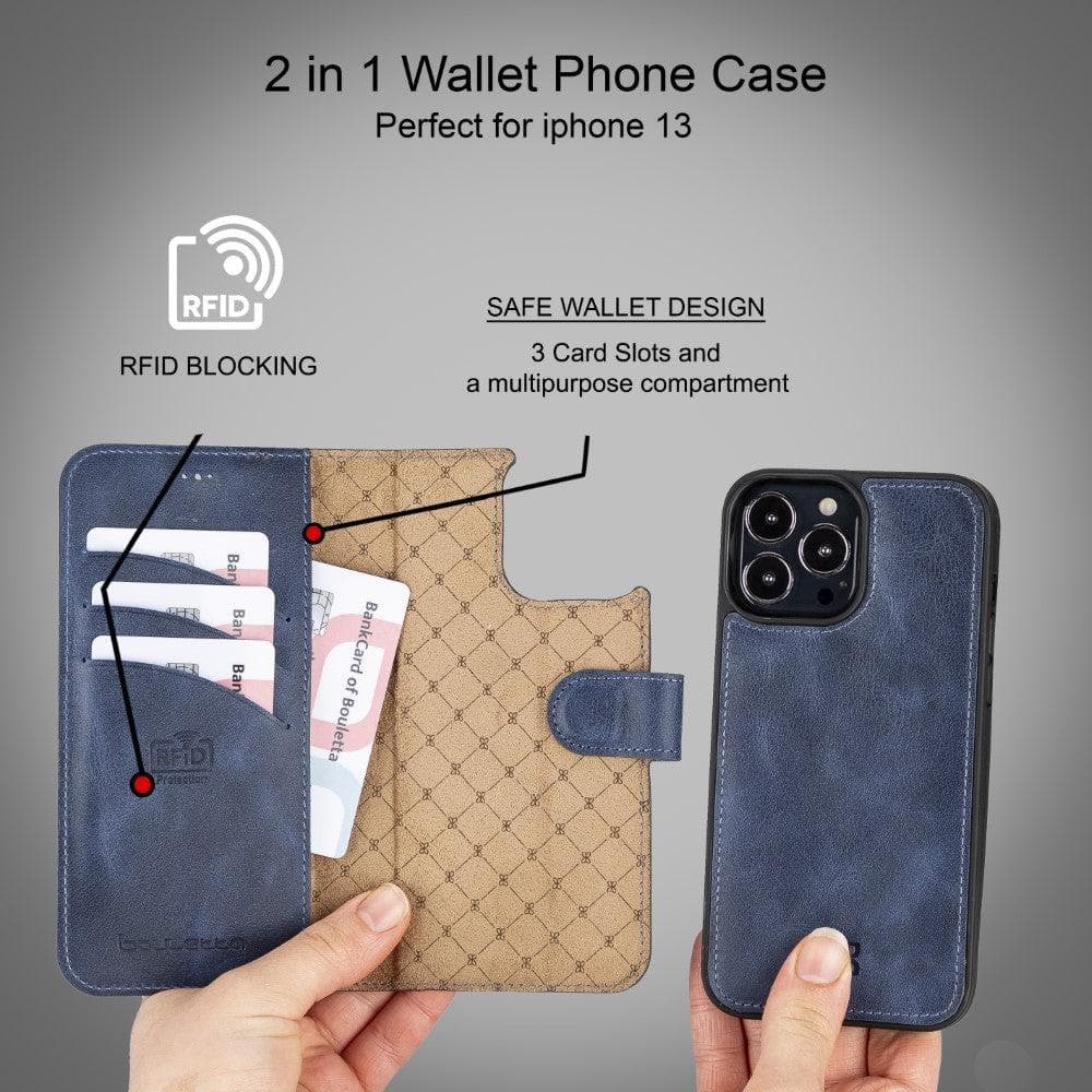 Colorful detachable leather wallet case for Apple iPhone 13 Pro Max, featuring card slots and a kick-stand.