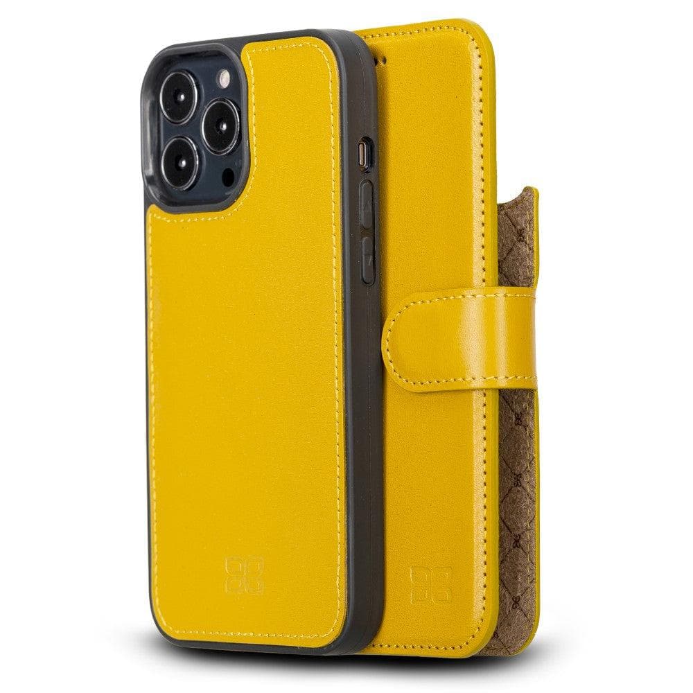 Colorful detachable leather wallet case for Apple iPhone 13 Pro Max, featuring card slots and a kick-stand.