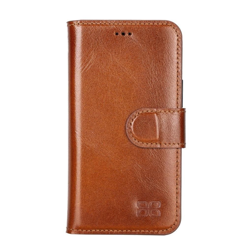 Apple iPhone 13 Series Non-Detachable Leather Wallet Case in black, showcasing card slots and magnetic clip.