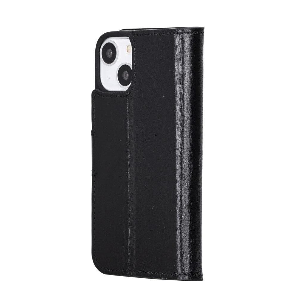 Apple iPhone 13 Series Non-Detachable Leather Wallet Case in black, showcasing card slots and magnetic clip.