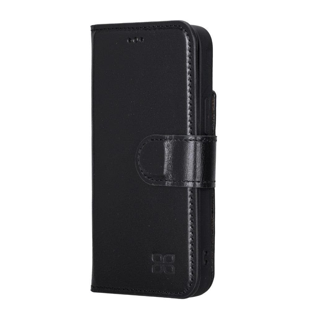 Apple iPhone 13 Series Non-Detachable Leather Wallet Case in black, showcasing card slots and magnetic clip.