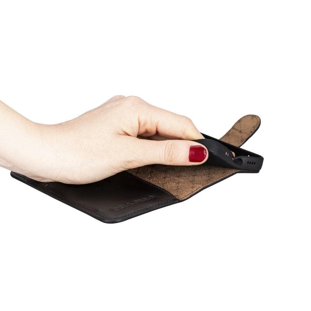 Apple iPhone 13 Series Non-Detachable Leather Wallet Case in black, showcasing card slots and magnetic clip.