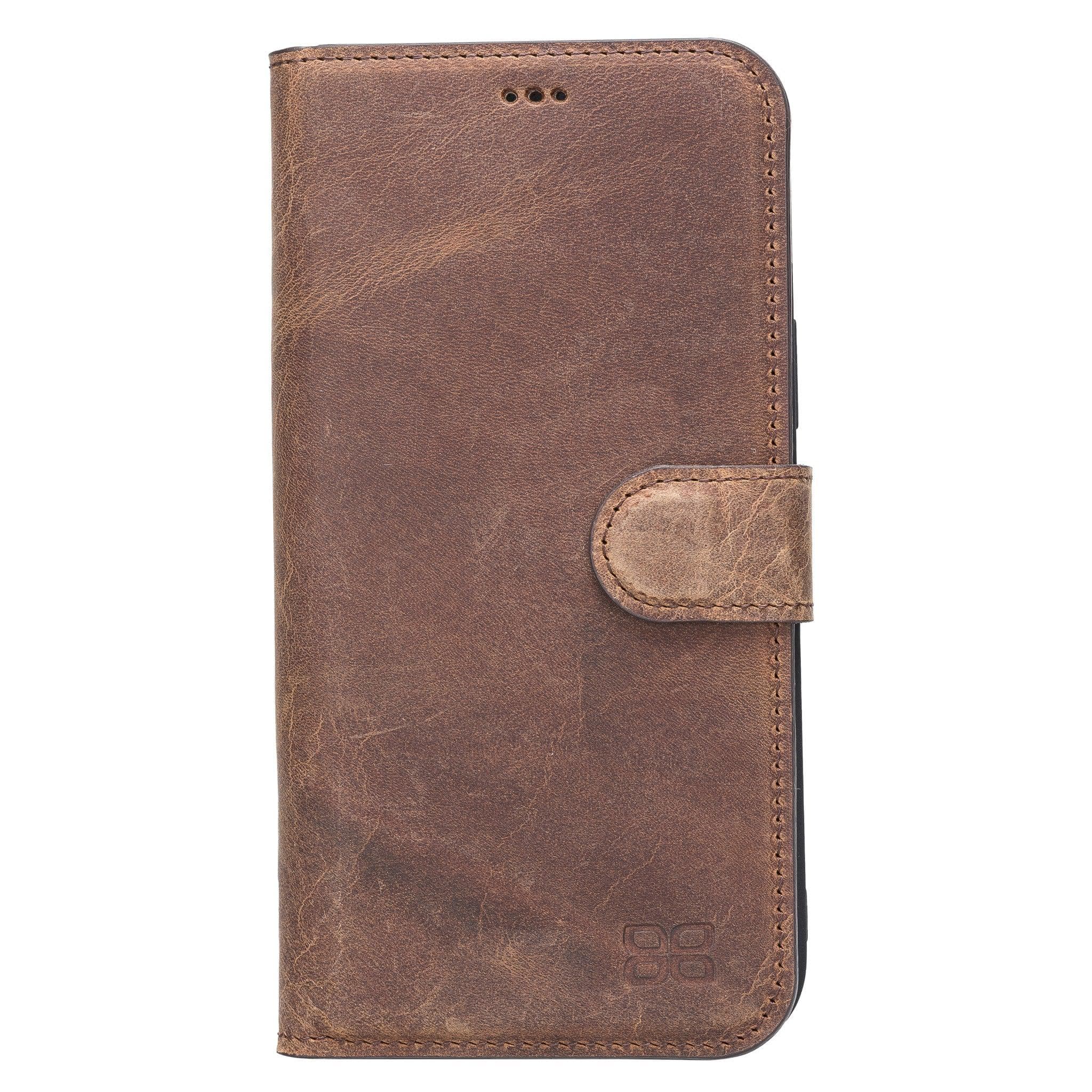 Apple iPhone 13 Series Non-Detachable Leather Wallet Case in black, showcasing card slots and magnetic clip.