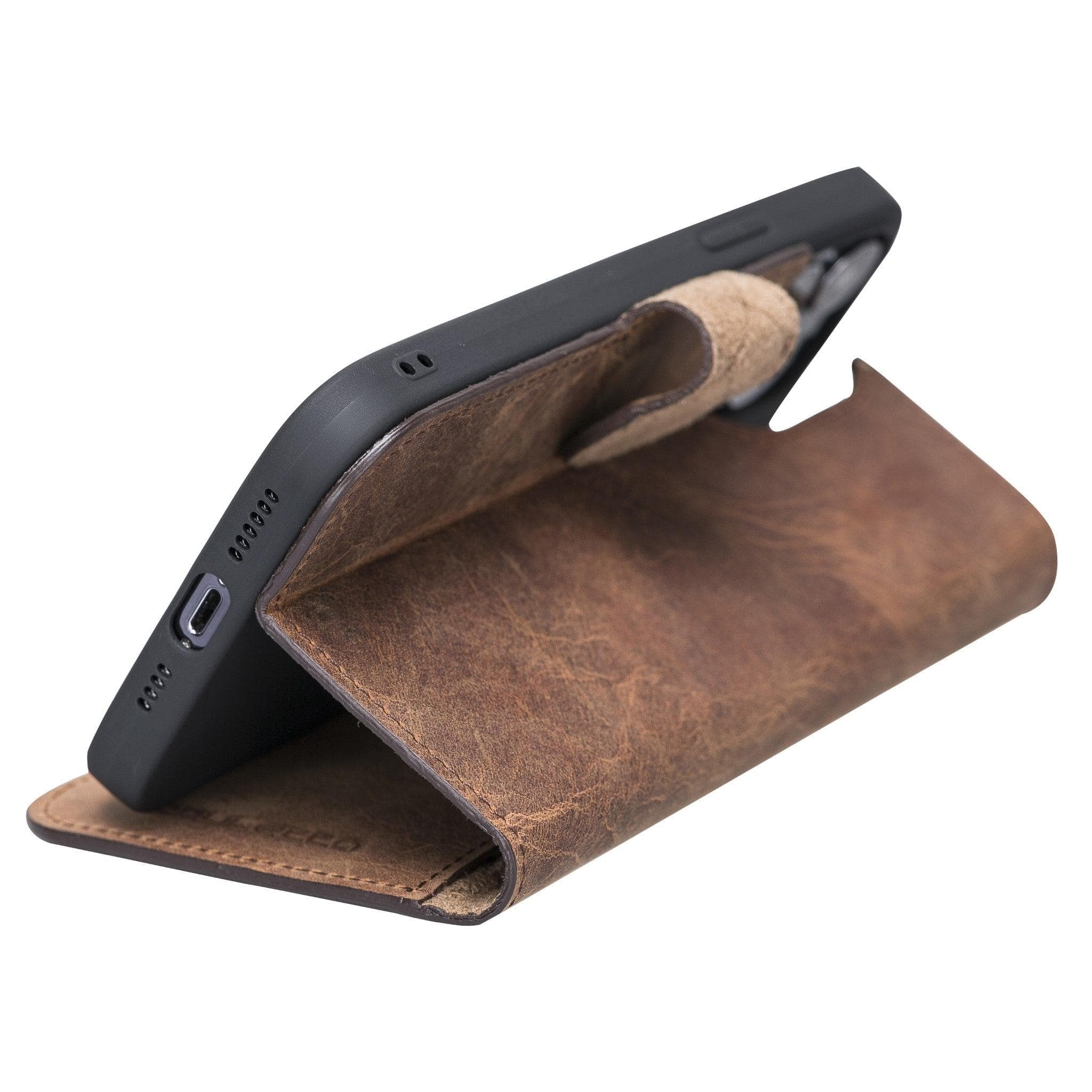 Apple iPhone 13 Series Non-Detachable Leather Wallet Case in black, showcasing card slots and magnetic clip.